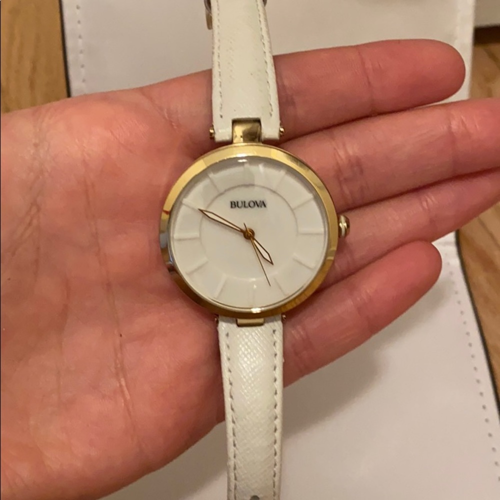 White leather and gold Bulova watch